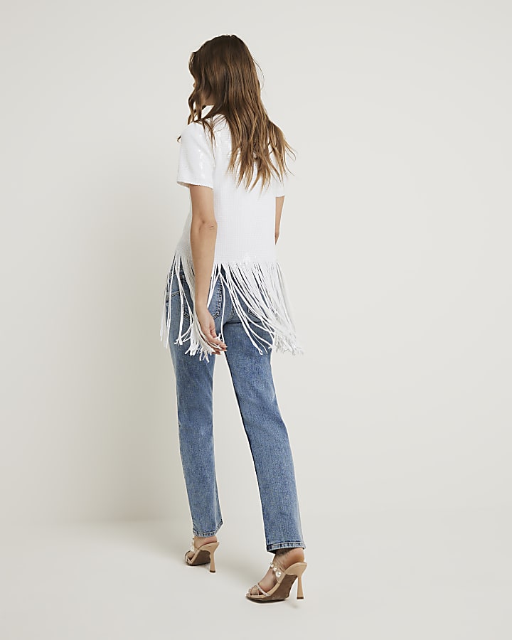 White sequin fringe detail t-shirt