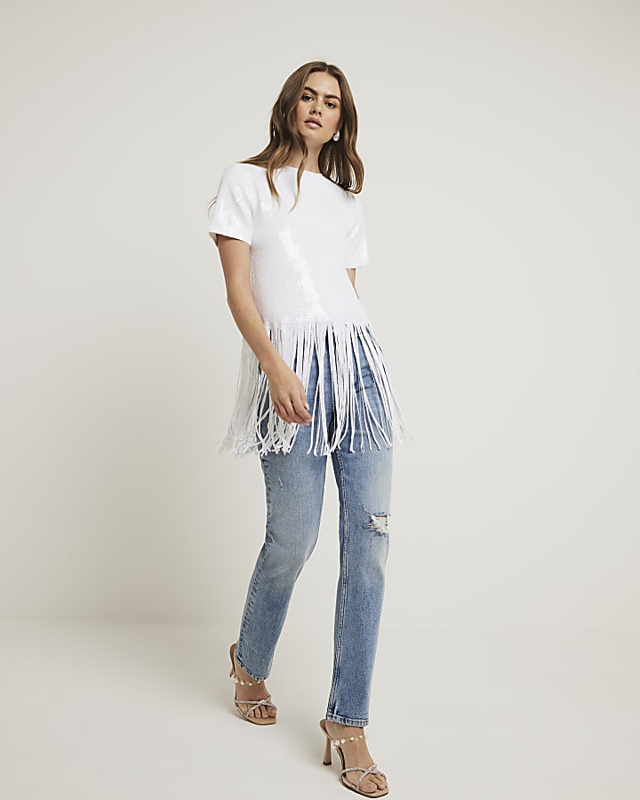 White sequin fringe detail t-shirt