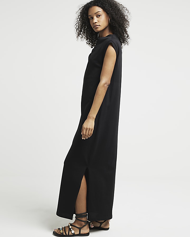 Black drape neck shift maxi dress