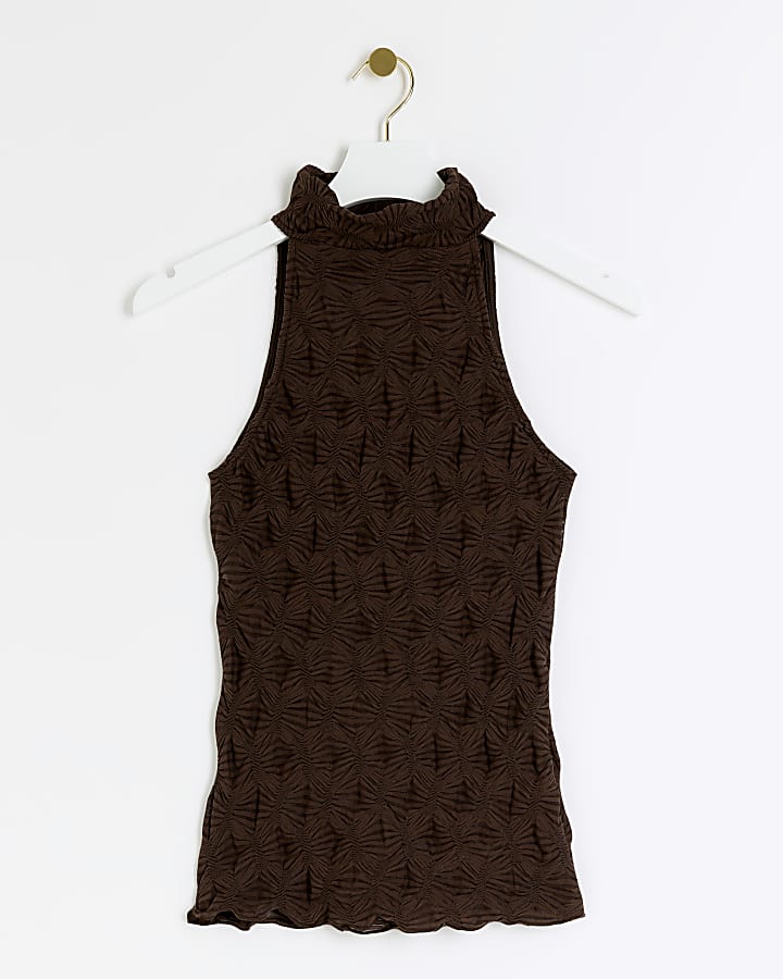 Brown textured halter neck  top