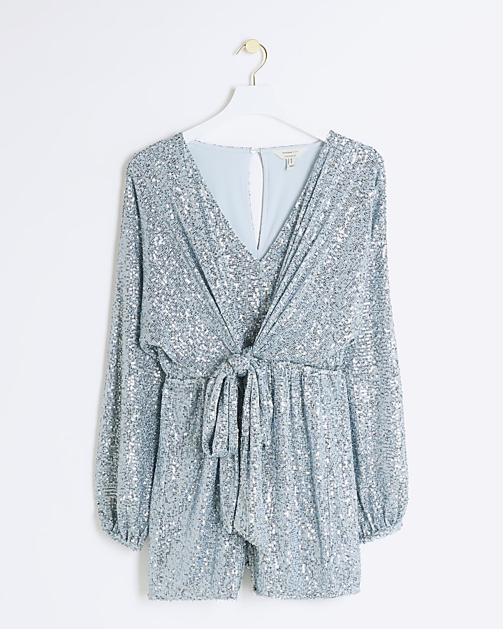 Blue sequin knot playsuit