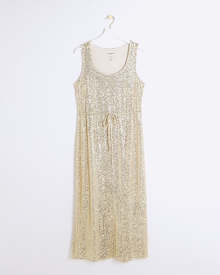 Gold sequin tie waist slip midi dress