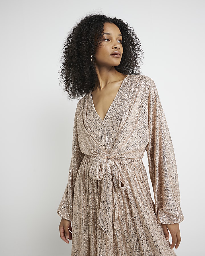 Rose gold sequin tie front swing midi dress