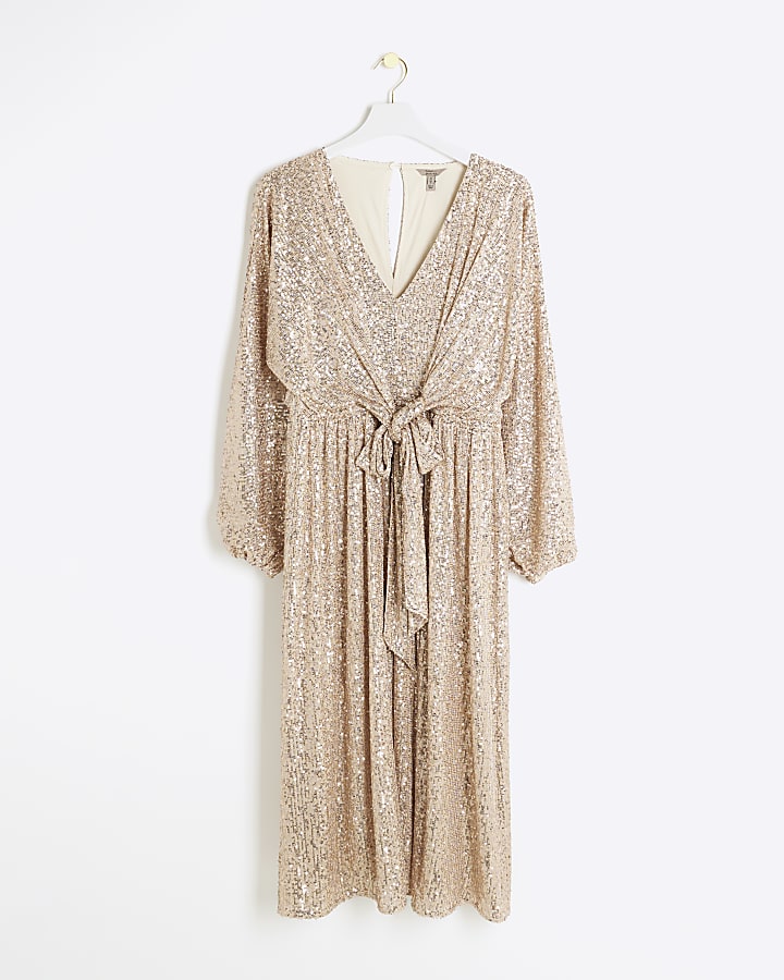 Rose gold sequin tie front swing midi dress