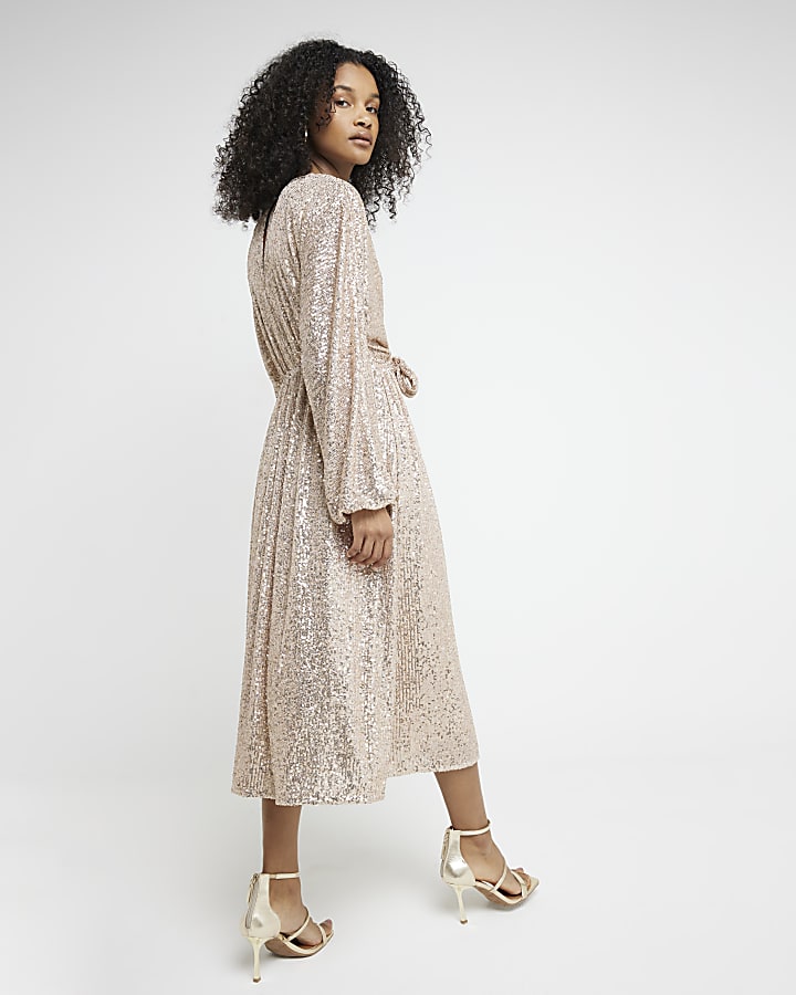 Rose gold sequin tie front swing midi dress