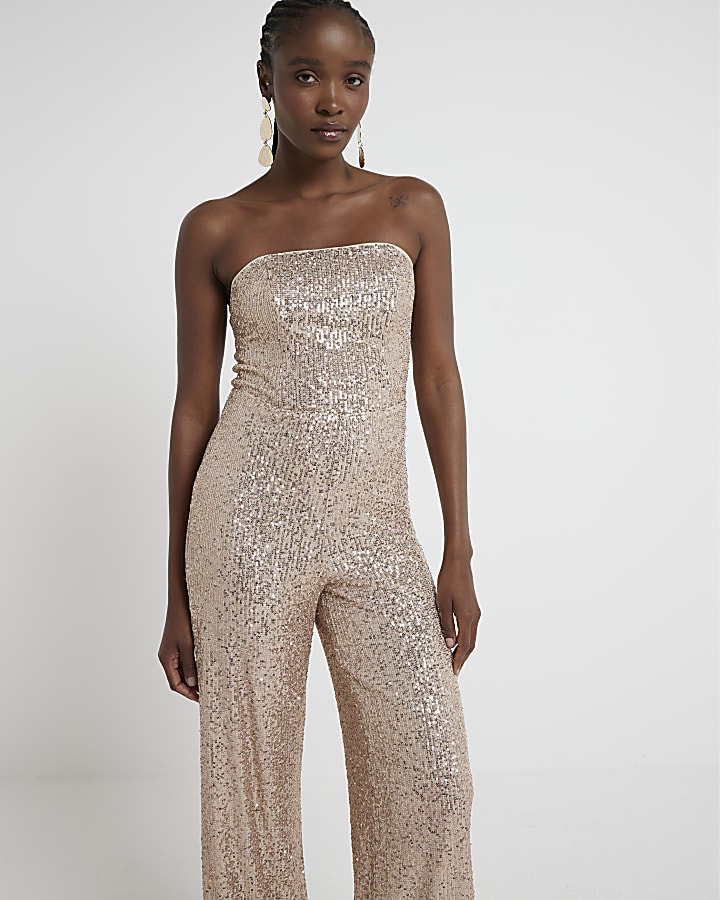 Rose gold sequin bandeau jumpsuit