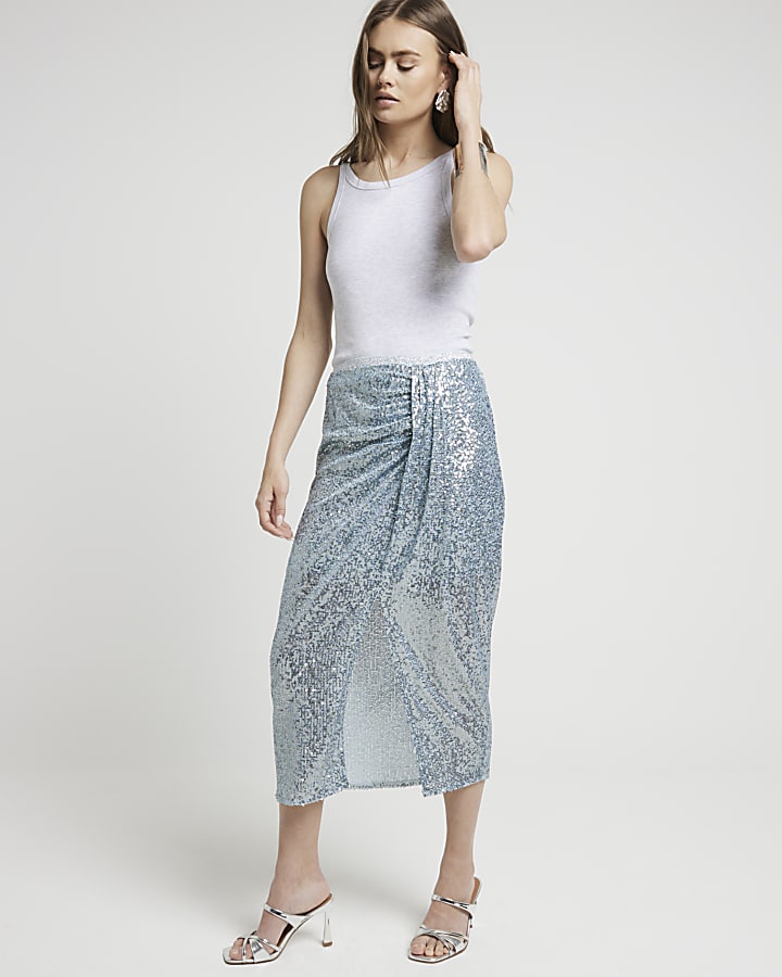 Blue sequin drape midi skirt