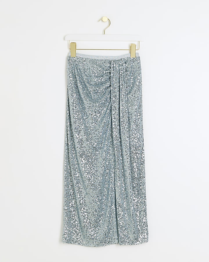 Blue sequin drape midi skirt