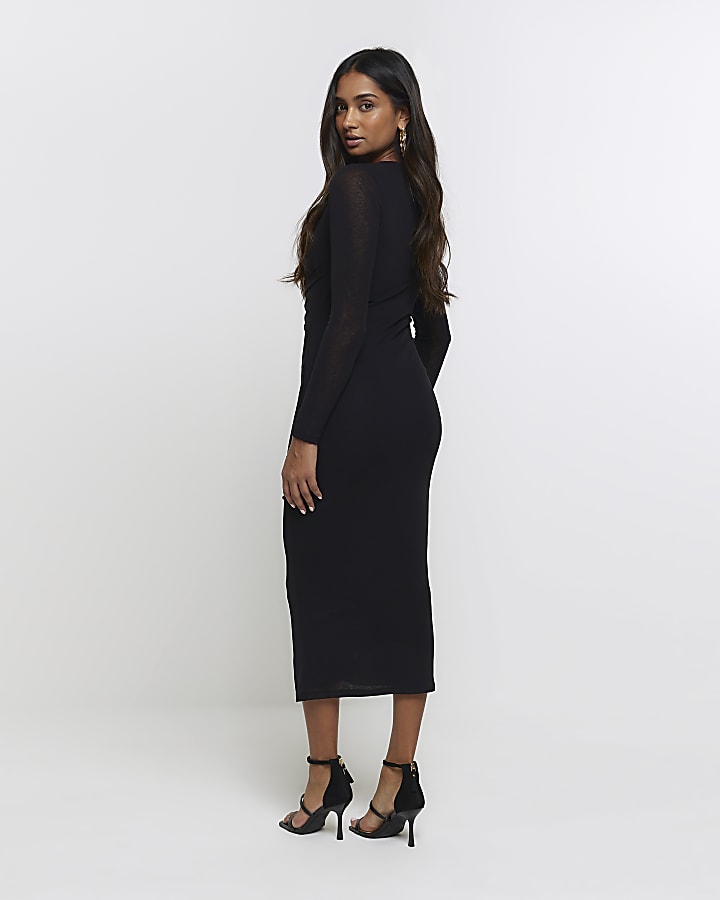 Black mesh cut out bodycon midi dress