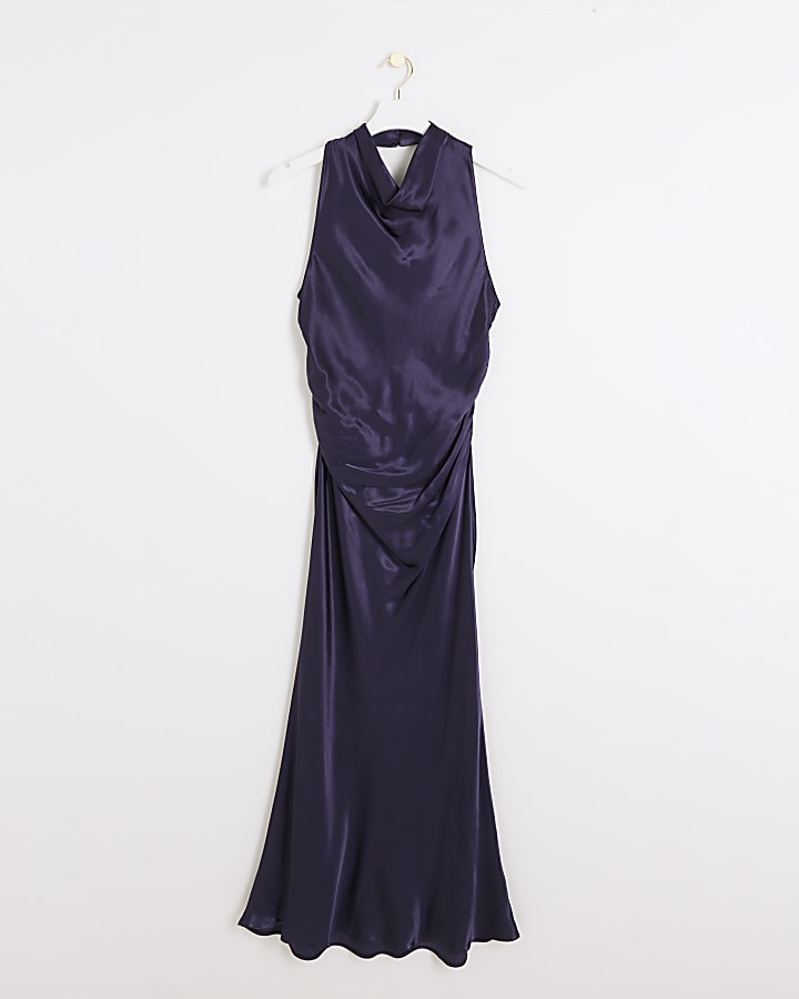 Navy satin halter cowl neck midi dress