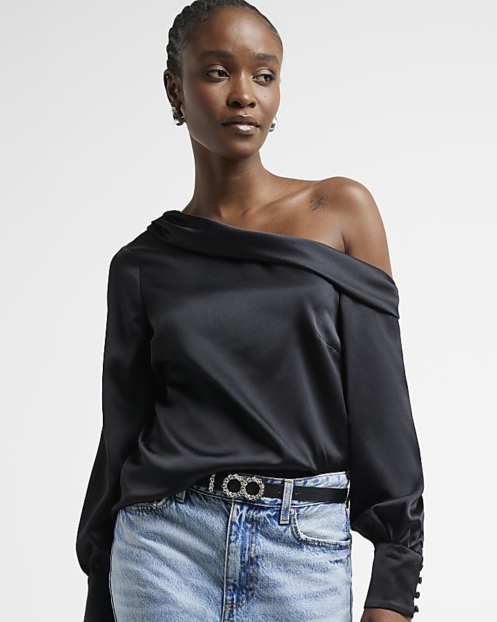 Black satin off shoulder blouse