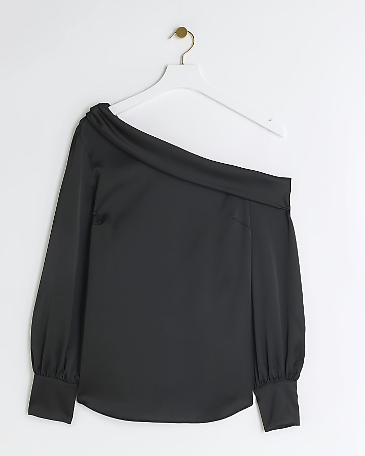 Black satin off shoulder blouse