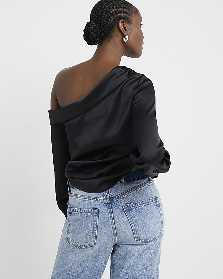 Black satin off shoulder blouse