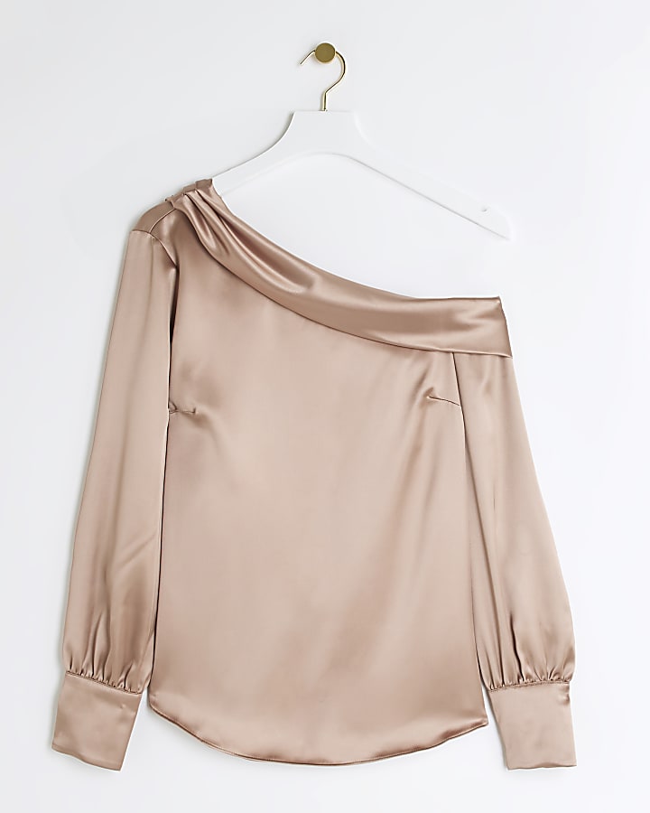 Brown satin off shoulder blouse