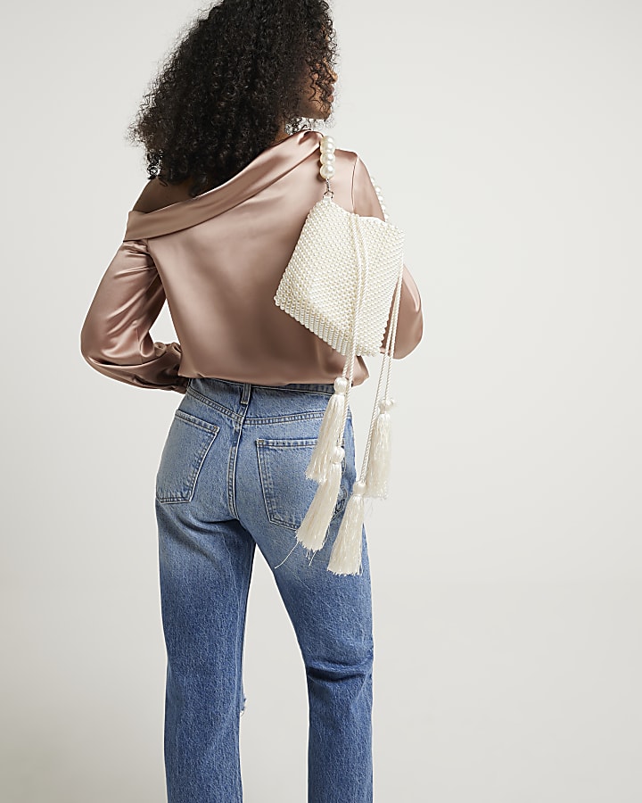 Brown satin off shoulder blouse