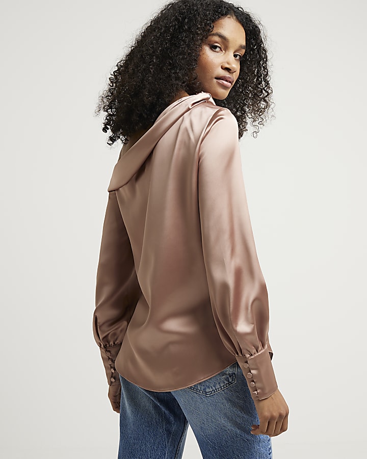 Brown satin off shoulder blouse