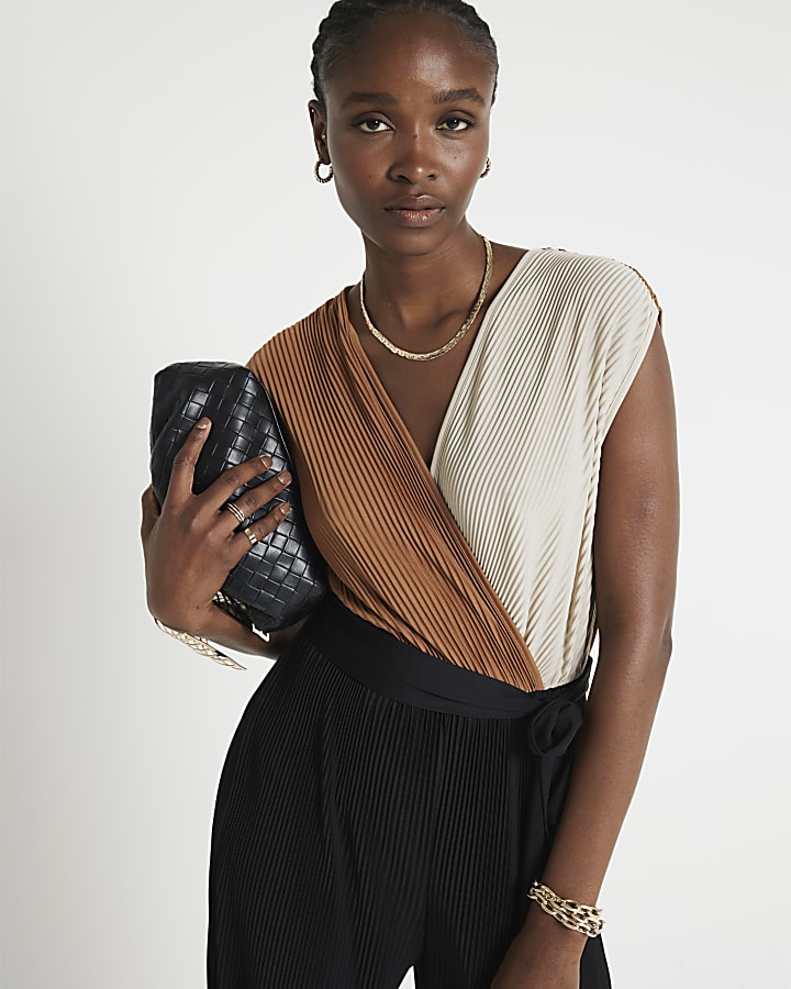 Brown plisse belted wrap jumpsuit