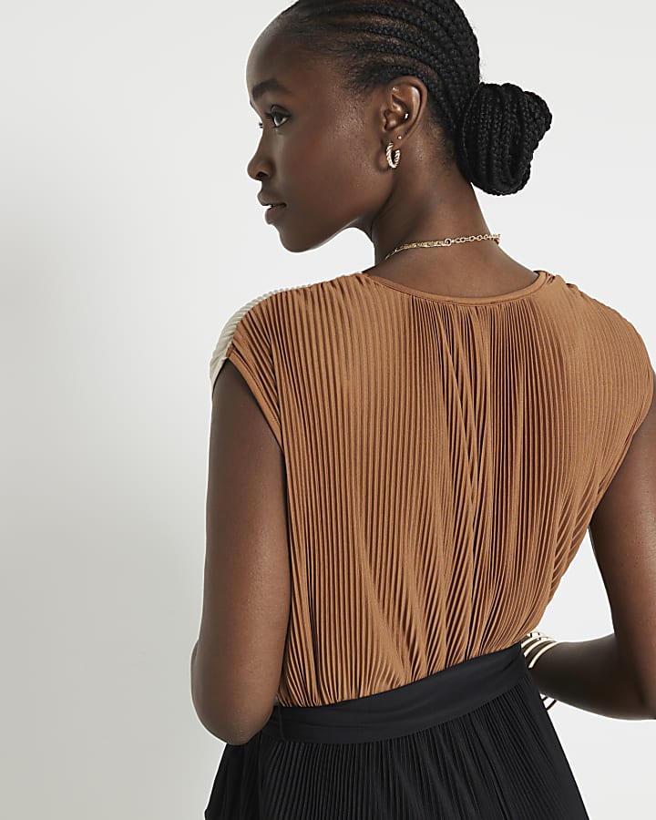 Brown plisse belted wrap jumpsuit