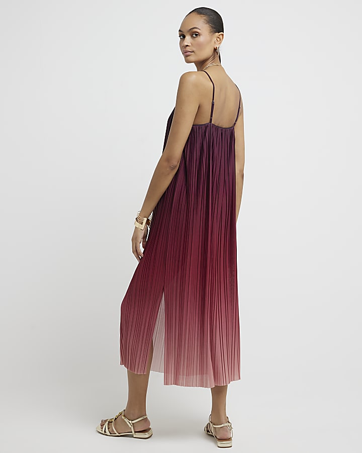 Red plisse ombre slip midi dress