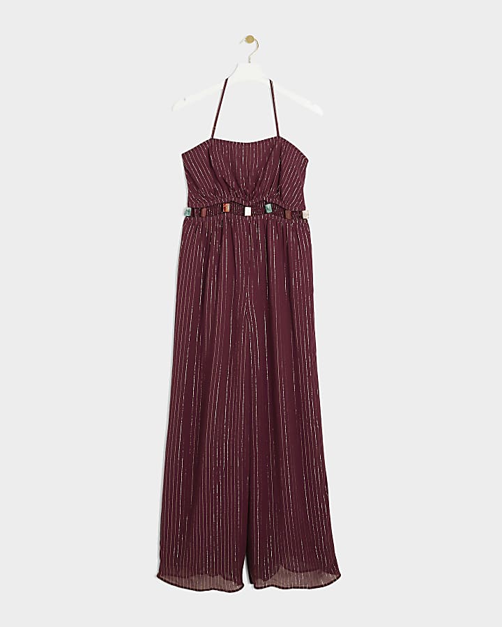 Red Metallic Stripe Beaded Cut Out Jumpsuit