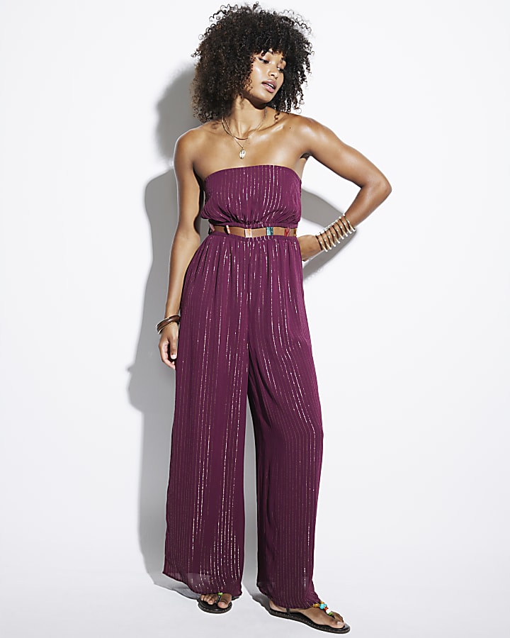 Red Metallic Stripe Beaded Cut Out Jumpsuit River Island