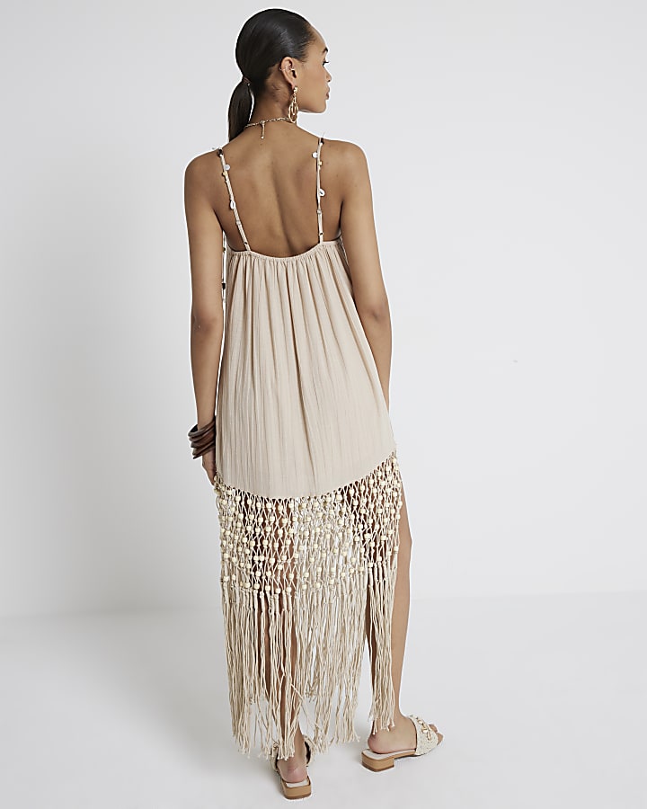 Cream Macrame Fringe Beach Mini Dress