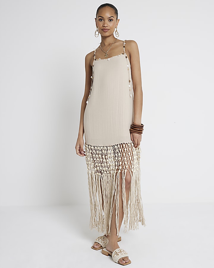 Cream Macrame Fringe Beach Mini Dress