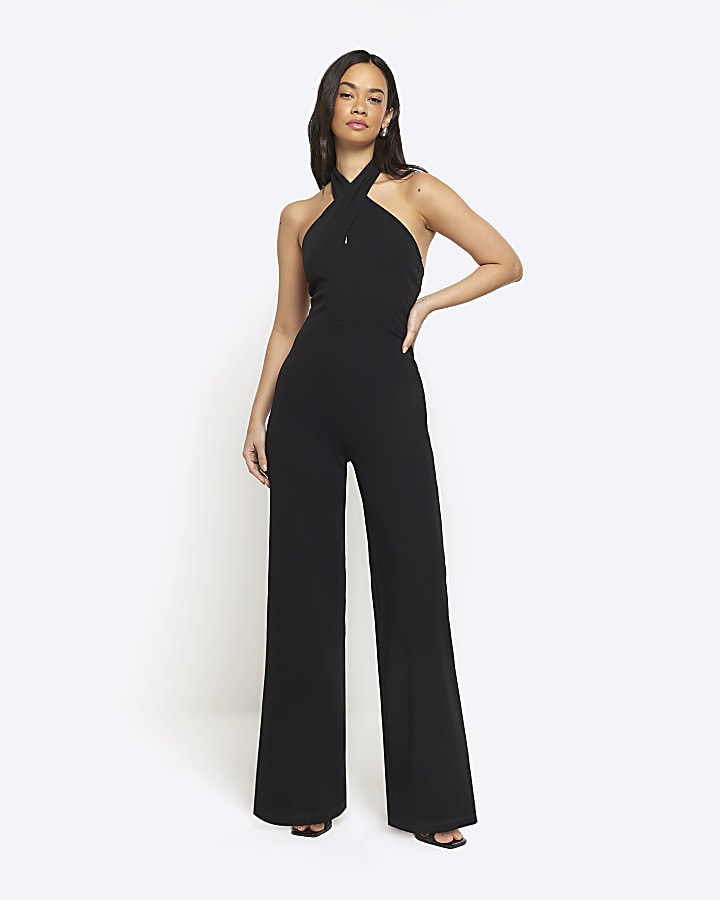 Black crossed halter neck jumpsuit