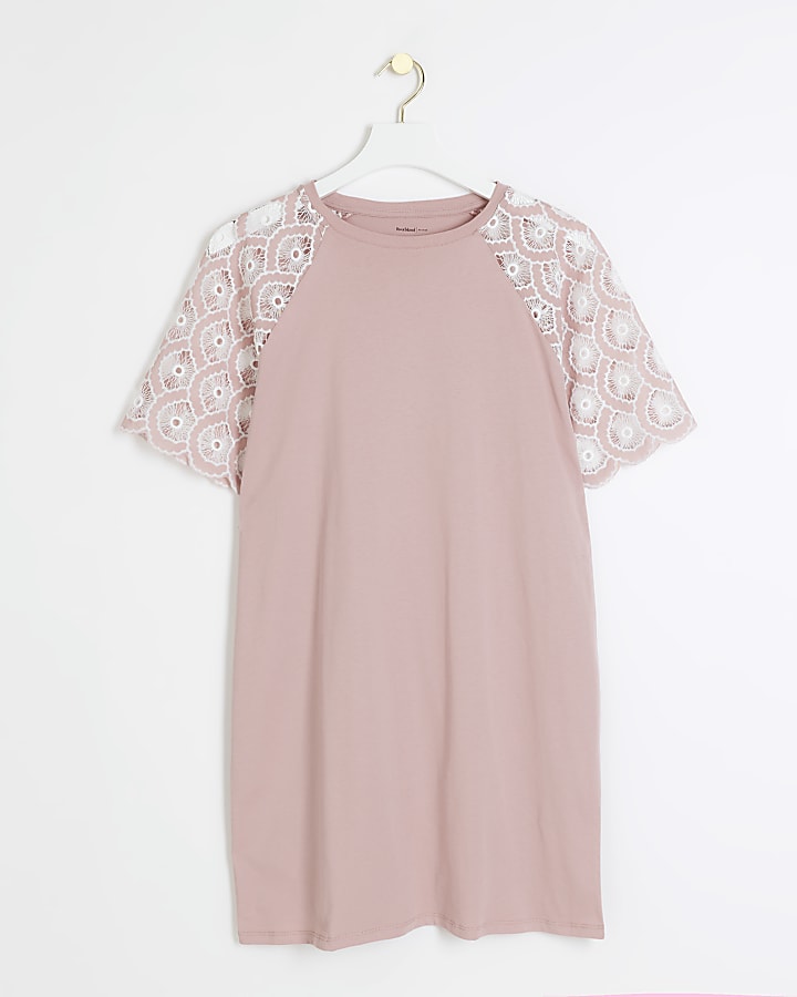 Pink broderie sleeve t-shirt mini dress