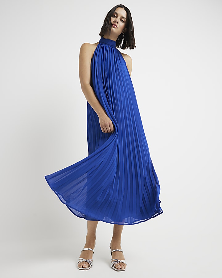 Blue plisse halter neck shift maxi dress