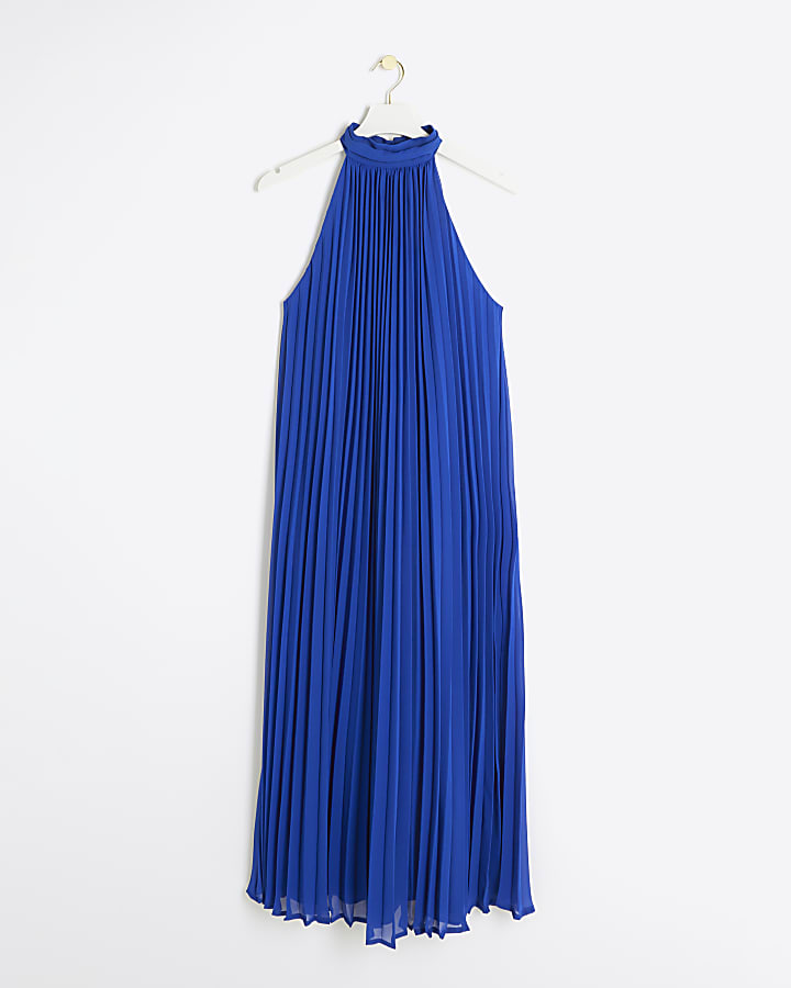 Blue plisse halter neck shift maxi dress