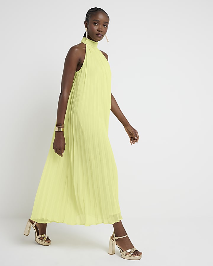 Yellow plisse halter neck shift maxi dress