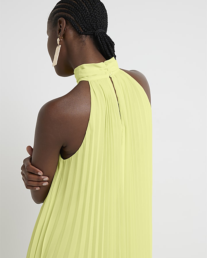 Yellow plisse halter neck shift maxi dress