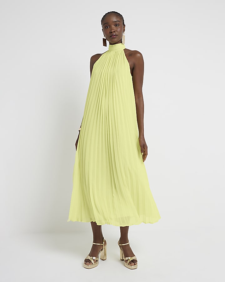 Yellow plisse halter neck shift maxi dress River Island