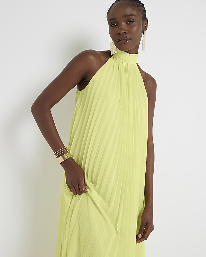 Yellow plisse halter neck shift maxi dress