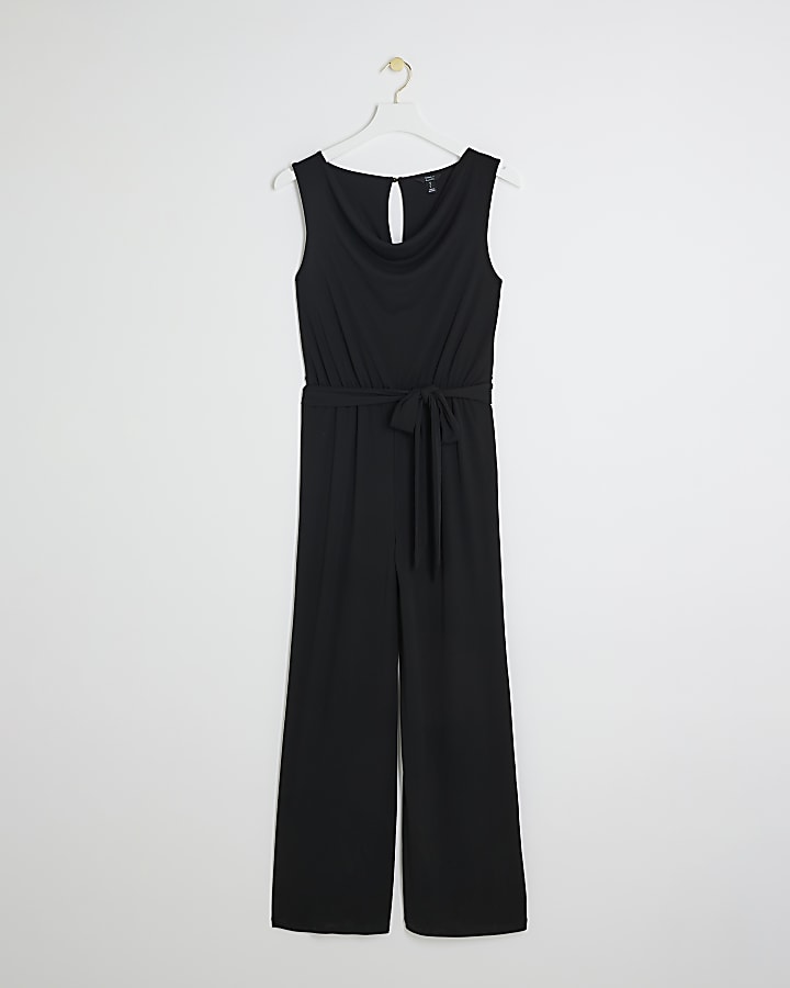 Black cowl neck belted jumpsuit