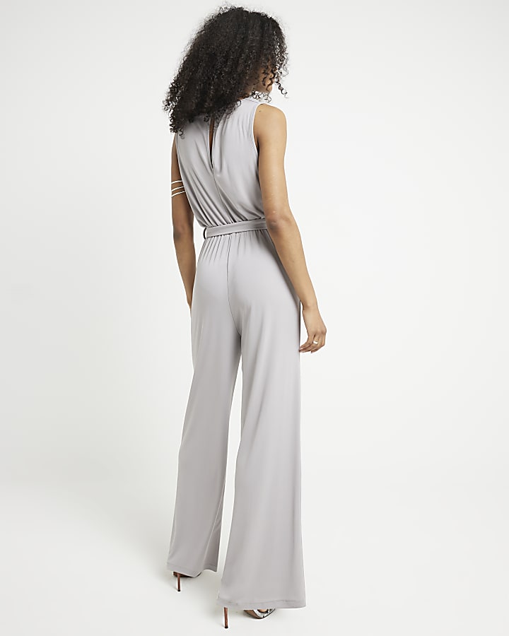 Grey cowl neck belted jumpsuit