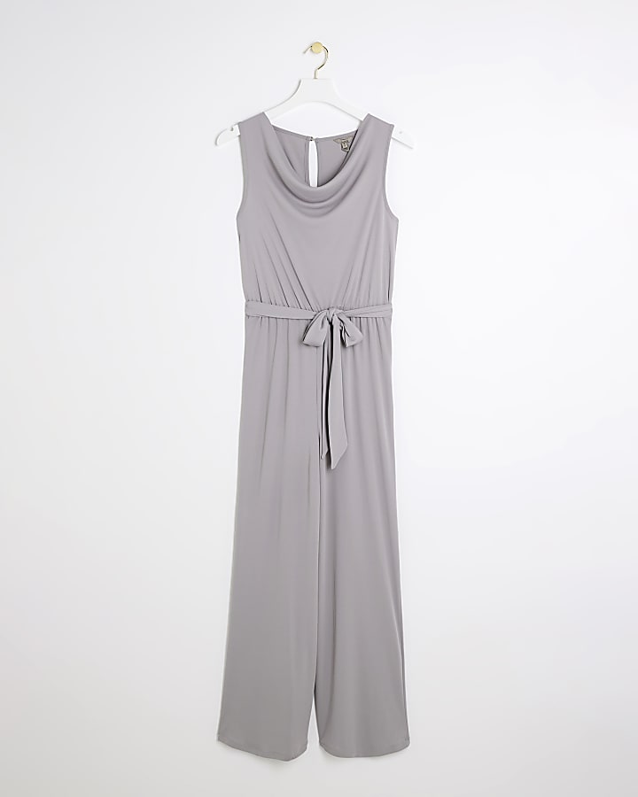 Grey cowl neck belted jumpsuit