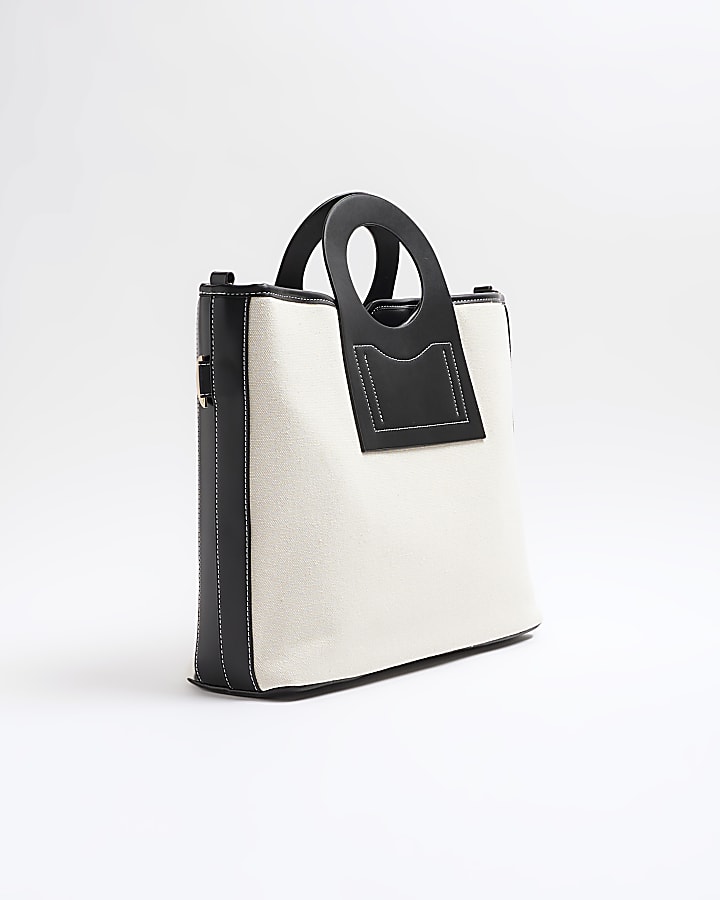 White canvas circle handle tote bag