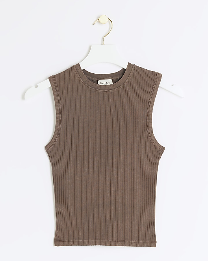 Brown ribbed washed tank top