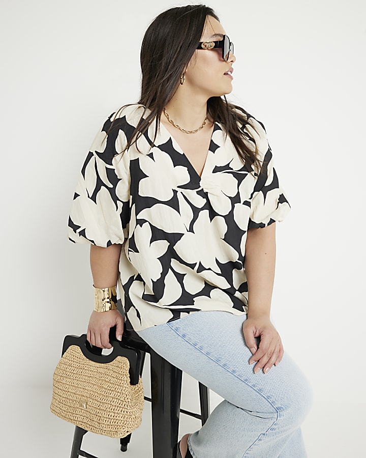 Plus black floral puff sleeve blouse