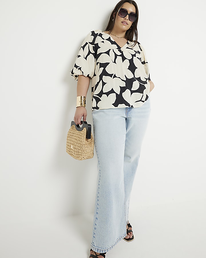 Plus black floral puff sleeve blouse