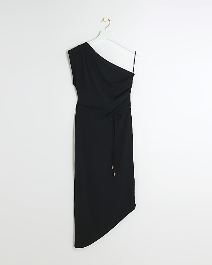 Black one shoulder belted bodycon midi dress
