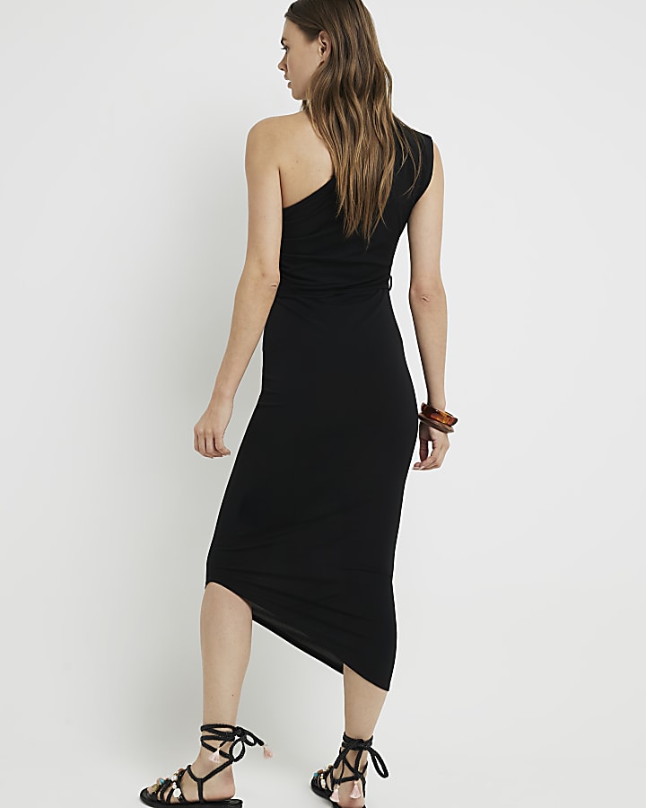 Black one shoulder belted bodycon midi dress