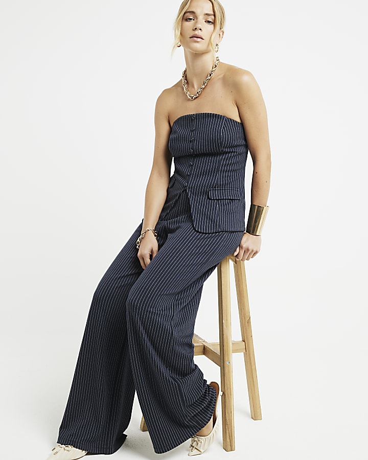 Navy Stripe Wide Leg Trousers