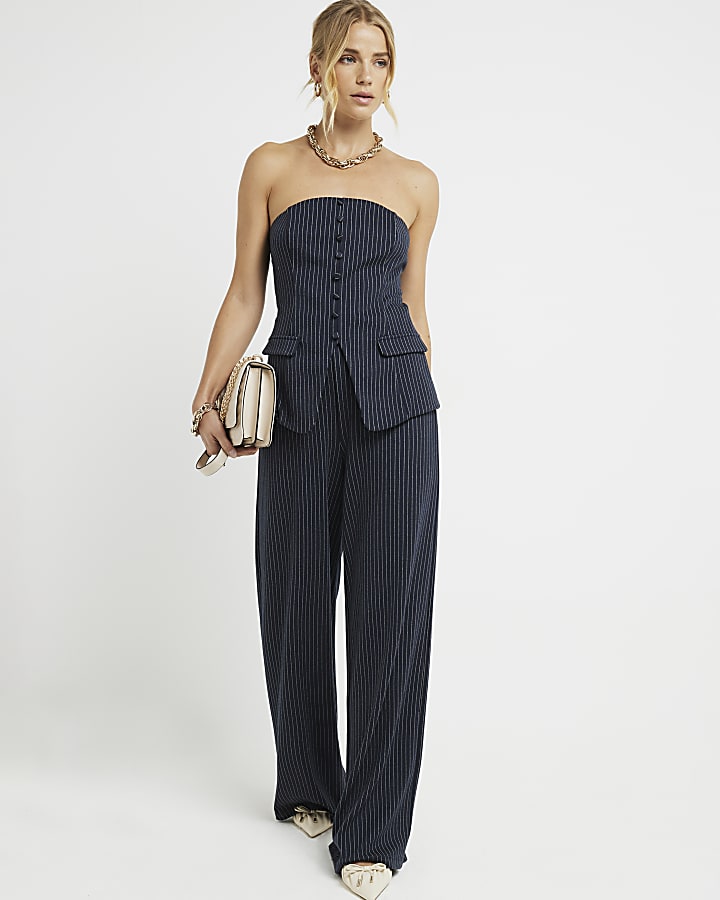 Navy Stripe Wide Leg Trousers River Island