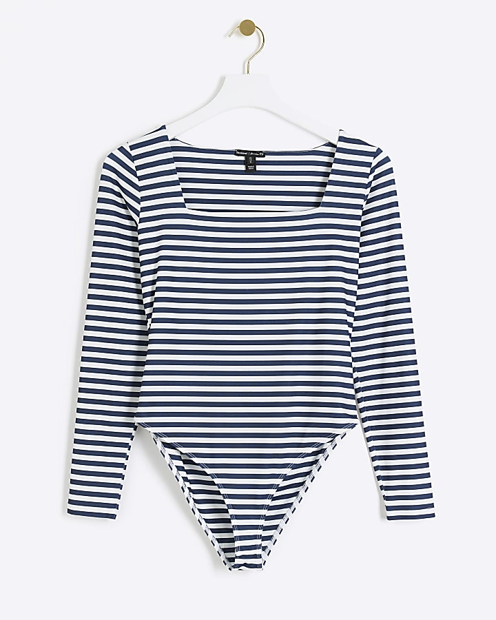 Petite navy stripe long sleeve bodysuit