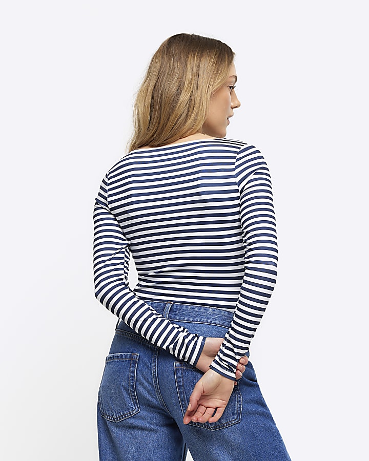 Petite navy stripe long sleeve bodysuit