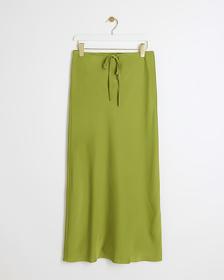 Green tie waist satin maxi skirt