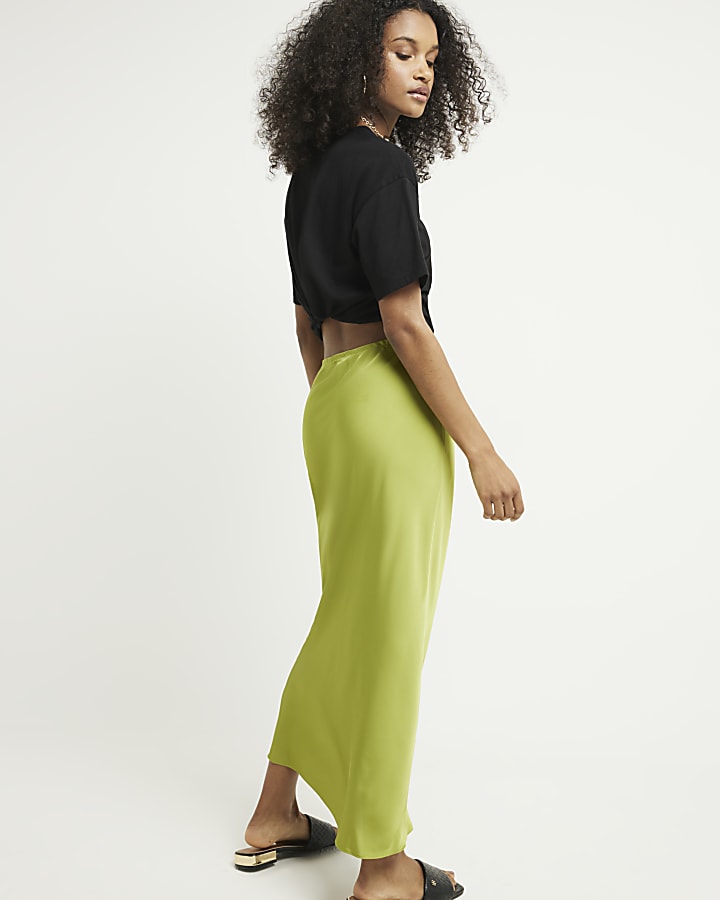 Green tie waist satin maxi skirt